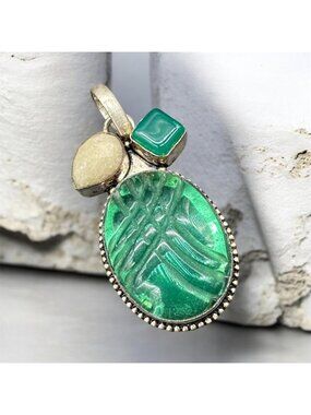 Vintage Green Glass Pendant Silver Tone Stone Accents Western Boho Festival